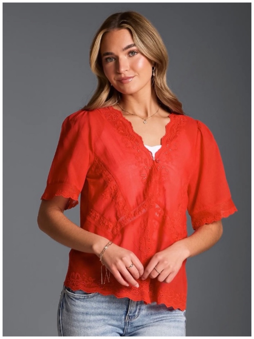 Buckle Black Red Lace-Trim V-Neck Blouse